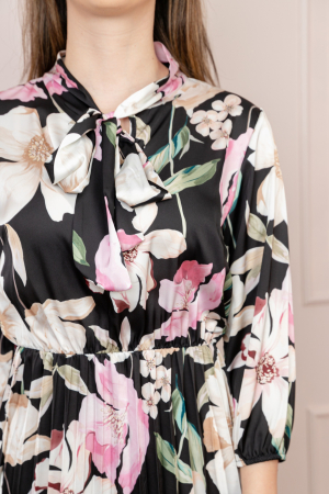 Rochie plisata satinata cu imprimeuri florale crem [1]