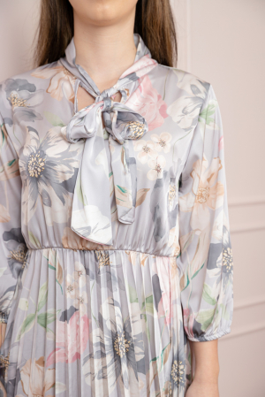 Rochie plisata satinata cu imprimeuri florale gri [1]
