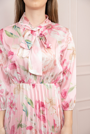 Rochie plisata satinata cu imprimeuri florale roz [1]