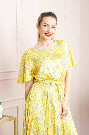 Rochie plisata satinata galbena cu imprimeuri mandala [2]
