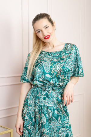 Rochie plisata satinata verde cu imprimeuri mandala [2]