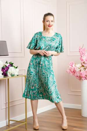Rochie plisata satinata verde smarald cu imprimeuri mandala [3]