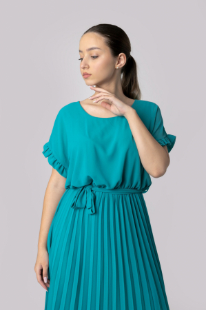 Rochie plisata turcoaz cu cordon in talie [1]