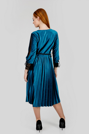 Rochie plisata turcoaz deschis din catifea cu dantela si curea in talie [2]