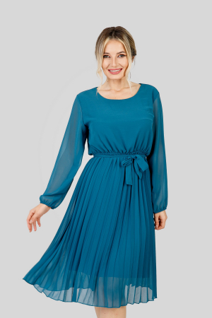 Rochie plisata turcoaz inchis cu cordon in talie si maneca lunga [2]