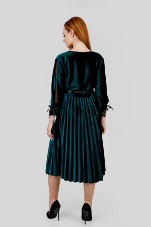 Rochie plisata verde din catifea cu dantela si curea in talie [2]