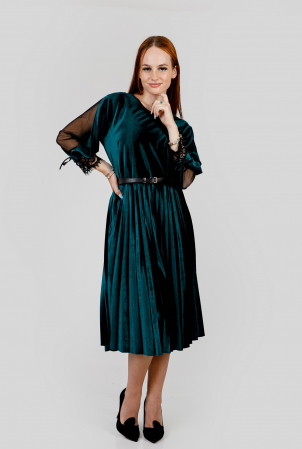 Rochie plisata verde din catifea cu dantela si curea in talie [3]