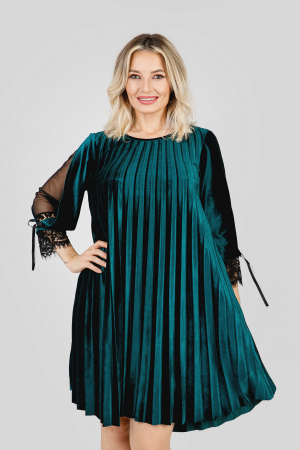 Rochie plisata verde din catifea cu insertie de dantela [2]
