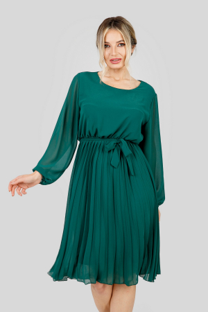 Rochie plisata verde cu cordon in talie si maneca lunga [2]