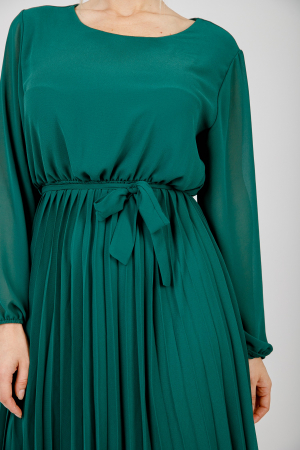Rochie plisata verde cu cordon in talie si maneca lunga [1]