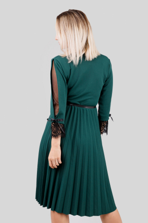 Rochie plisata verde cu dantela si curea in talie [3]
