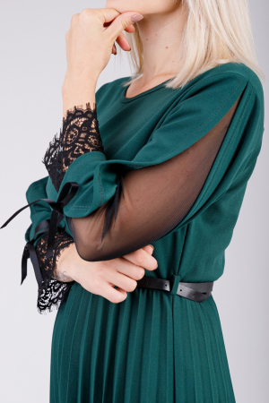 Rochie plisata verde cu dantela si curea in talie [2]