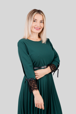 Rochie plisata verde cu dantela si curea in talie [1]