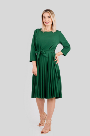 Rochii - Rochie plisata verde cu maneci trei sferturi si cordon in talie