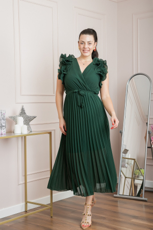 Rochii - Rochie plisata verde cu volane si cordon in talie