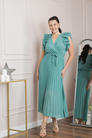 Rochie plisata verde mint cu volane si cordon in talie [3]