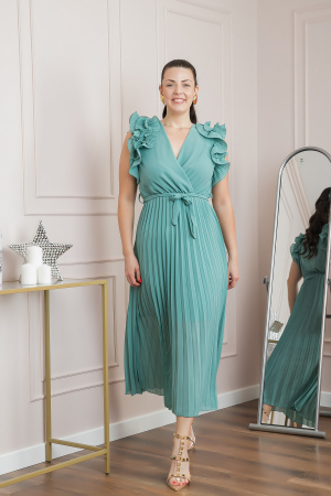 Rochii - Rochie plisata verde mint cu volane si cordon in talie