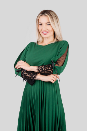 Rochie plisata verde smarald cu dantela si curea in talie [2]