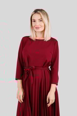 Rochie plisata visinie cu maneci trei sferturi si cordon in talie [1]