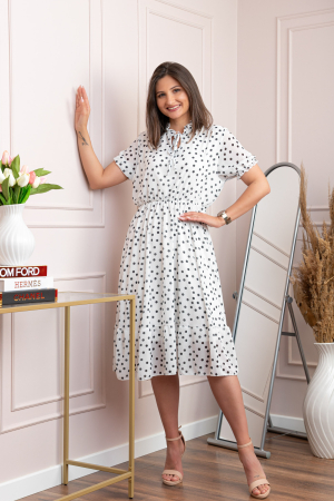 Rochie retro alba Leslie cu buline negre si maneci bufante [2]