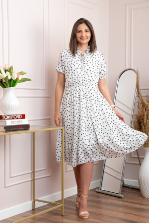 Rochii - Rochie retro alba Leslie cu buline negre si maneci bufante