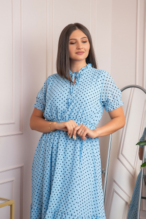 Rochie retro bleu Brenda cu buline si maneci bufante [1]