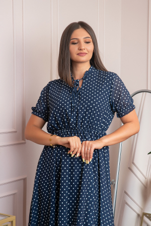 Rochie retro bleumarin Brenda cu buline si maneci bufante [1]