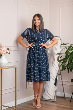 Rochie retro bleumarin Brenda cu buline si maneci bufante [3]