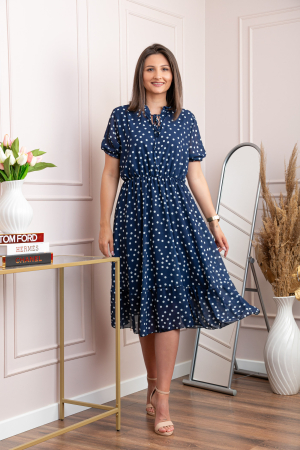 Rochie retro Krista cu buline albe si maneci bufante - Bleumarin [3]