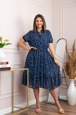 Rochii - Rochie retro Krista cu buline albe si maneci bufante - Bleumarin
