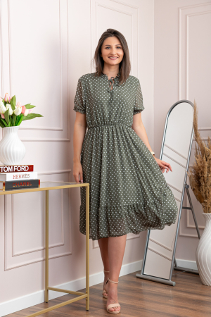 Rochie retro Krista cu buline albe si maneci bufante - Kaki [3]