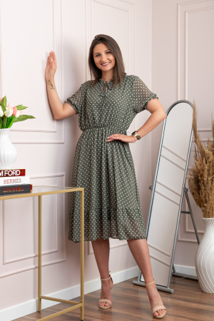 Rochie retro Krista cu buline albe si maneci bufante - Kaki [2]
