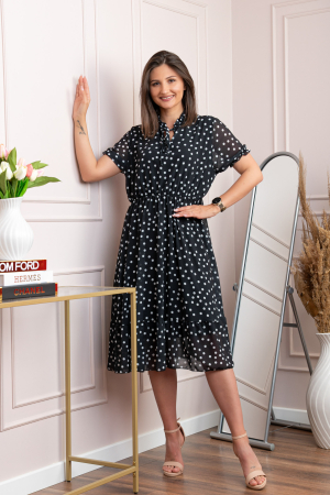 Rochie retro Krista cu buline albe si maneci bufante - Negru [2]