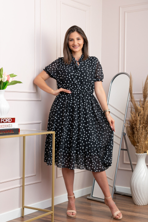 Rochii - Rochie retro Krista cu buline albe si maneci bufante - Negru