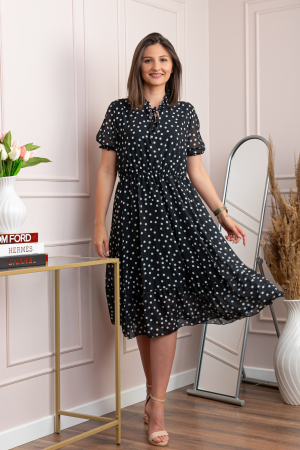 Rochie retro Krista cu buline albe si maneci bufante - Negru [3]