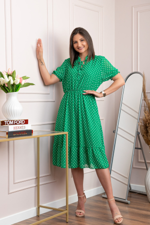 Rochie retro Krista cu buline albe si maneci bufante - Verde [2]