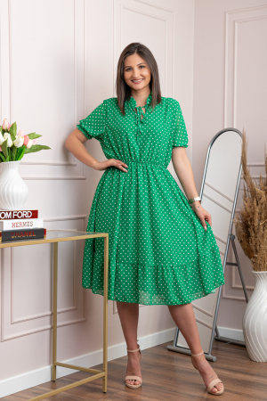 Rochii - Rochie retro Krista cu buline albe si maneci bufante - Verde