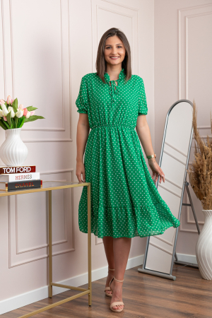 Rochie retro Krista cu buline albe si maneci bufante - Verde [3]