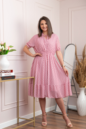 Rochie retro roz pudrat Leslie cu buline negre si maneci bufante [3]