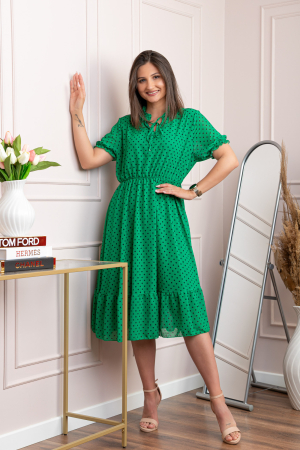 Rochie retro verde Leslie cu buline negre si maneci bufante [2]