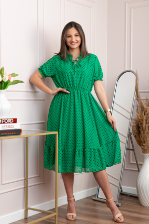 Rochie retro verde Leslie cu buline negre si maneci bufante [3]