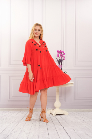 Rochii - Rochie rosie boho chic cu aplicatie florala cusuta