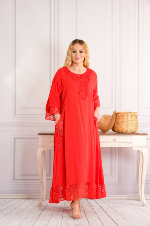 Rochie rosie boho chic cu buzunare din dantela [3]