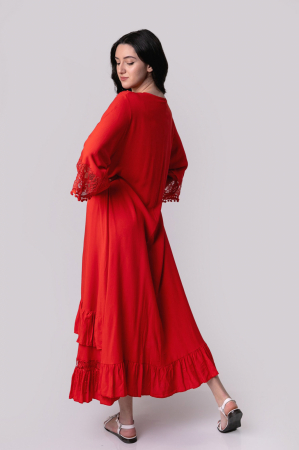 Rochie rosie boho chic cu dantela si ciucuri [3]