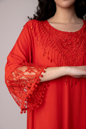 Rochie rosie boho chic cu dantela si ciucuri [1]