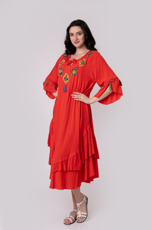 Rochii - Rochie rosie boho chic cu romburi si ciucuri