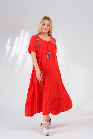 Rochie rosie boho chic cu snur si ciucuri [3]