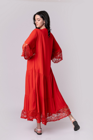 Rochie rosie lunga boho chic cu volane si dantela [3]