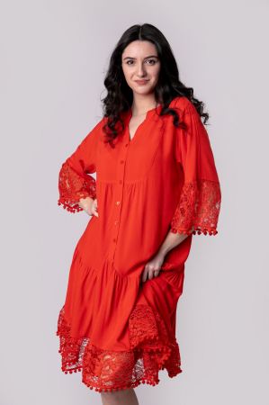 Rochie rosie boho chic cu volane si nasturi [2]