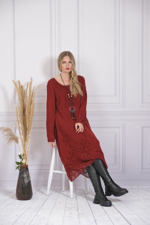 Rochie rosie boho chic tricotata cu detaliu perforat [3]